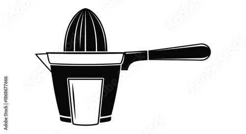 A striking black and white illustration of a classic citrus juicer a bold silhouette