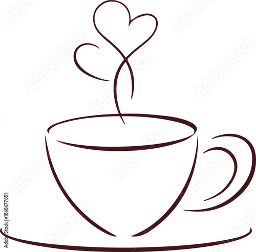 Minimalist coffee cup icon with heart-shaped steam line art illustration for love and cafe concept.