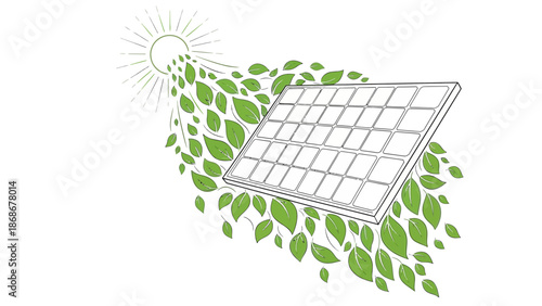 Solar panel with green leaves and sun rays for eco friendly energy