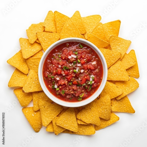 Freshly made chunky tomato salsa served with a circle of crispy tortilla chips isolated on a white background