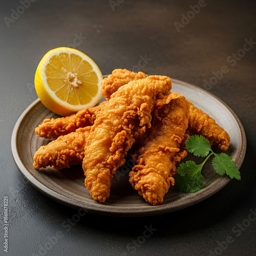 Golden brown crispy fried chicken strips served with a fresh lemon wedge and garnish on a plate