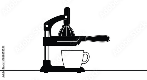 a black and white illustration of a classic citrus juicer with a glass silhouette