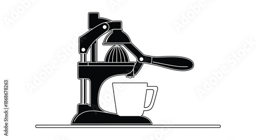 A striking depiction of a manual citrus juicer with a glass presented as a silhouette