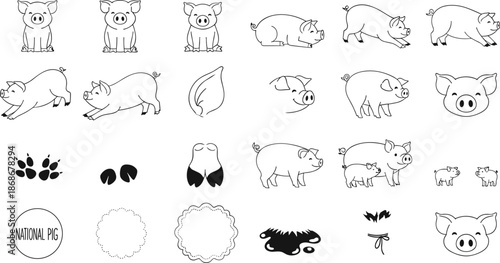 Collection of cute pig illustrations and icons in various poses and styles