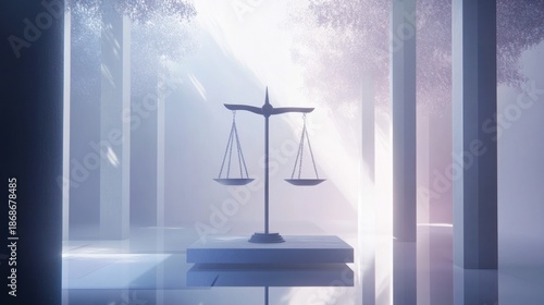A minimalist representation of justice, with a scale balancing technology and fairness in a modern, abstract environment.