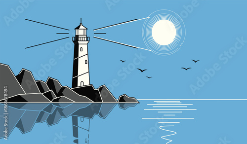 A picturesque illustration depicts a white lighthouse standing tall on rocky terrain guiding ships with its bright beam across tranquil blue waters