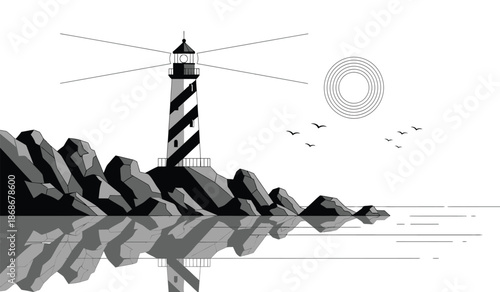 a minimalist black and white illustration depicts a lighthouse perched on rocky terrain with birds flying and a sun or moon