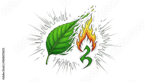 Vibrant green leaf engulfed in dynamic flames with abstract motion lines