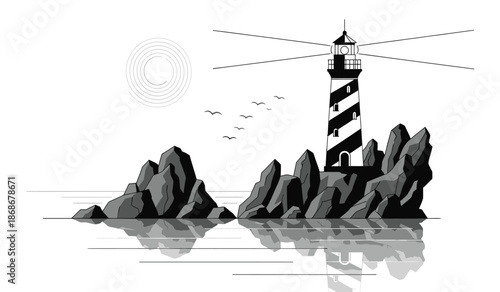 A striking black and white illustration depicts a coastal lighthouse built upon rocky terrain near the ocean with birds flying nearby