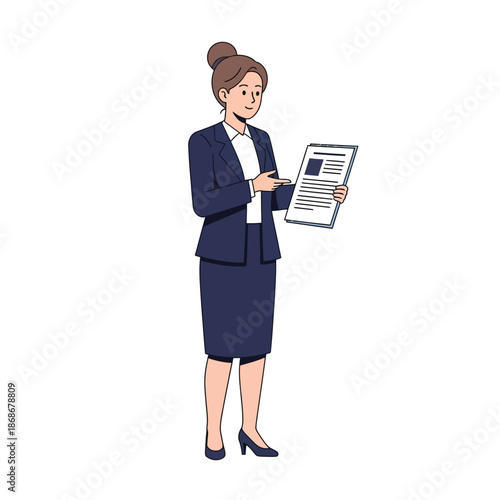 A professional woman in business attire examining a document