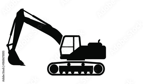 A stark black silhouette of a heavy duty excavator on a white background displaying its powerful digging arm and tracked base