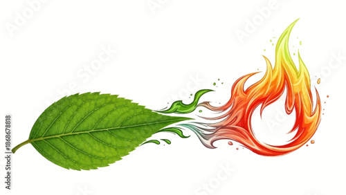 Vibrant green leaf transforming into fiery flames symbolizing change and growth