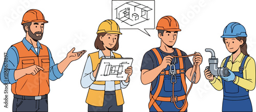 Construction Workers Discussing Project Details Together.