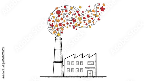 Autumn leaves swirling from factory chimney in a whimsical scene