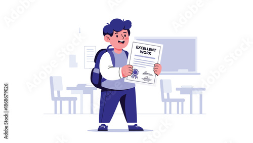 Flat vector illustration of a proud child holding an achievement, ideal for education posters, motivation materials, and self-growth content
