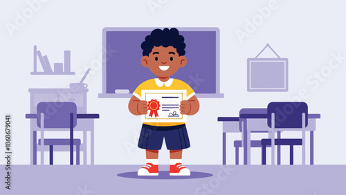 Flat vector illustration of a proud child holding an achievement, ideal for education posters, motivation materials, and self-growth content