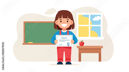 Flat vector illustration of a proud child holding an achievement, ideal for education posters, motivation materials, and self-growth content