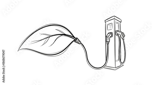 Electric vehicle charging station connected to leaf symbolizing eco friendly transportation