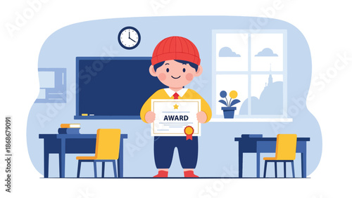 Flat vector illustration of a proud child holding an achievement, ideal for education posters, motivation materials, and self-growth content