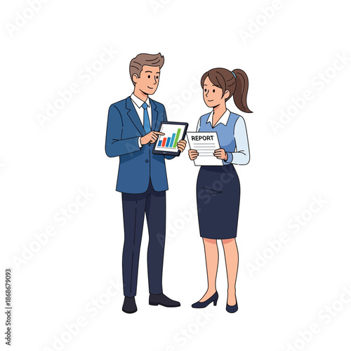 Business professionals discussing data on digital tablet in a modern office setting