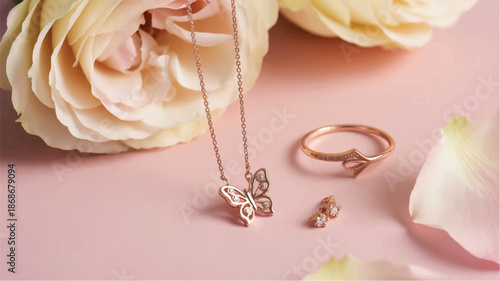 Rose gold jewelry set with butterfly necklace and ring surrounded by white roses on pink surface