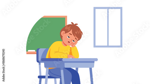 Modern flat illustration of a sleepy child in classroom, ideal for bedtime content, parenting education, and emotional expression materials