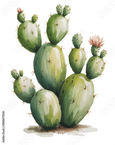 Hand-painted prickly pear cactus with soft watercolor texture on white background.