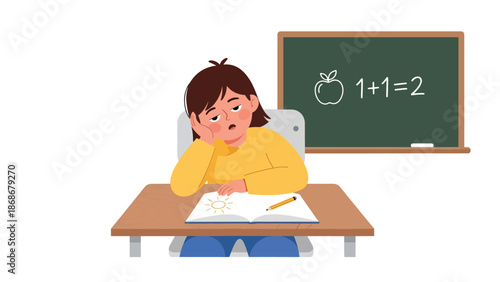 Modern flat illustration of a sleepy child in classroom, ideal for bedtime content, parenting education, and emotional expression materials