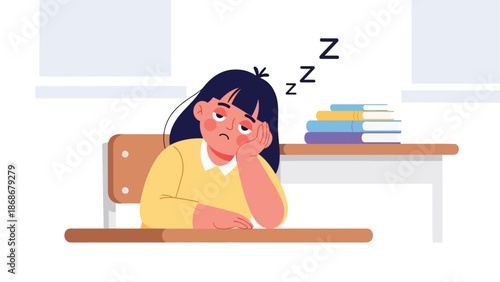 Modern flat illustration of a sleepy child in classroom, ideal for bedtime content, parenting education, and emotional expression materials
