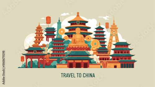 Vibrant Chinese Pagodas and Towers Illustration.