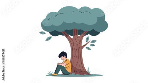 Flat vector illustration of a lonely child sitting alone, ideal for mental health awareness, emotional education, and behavior observation content