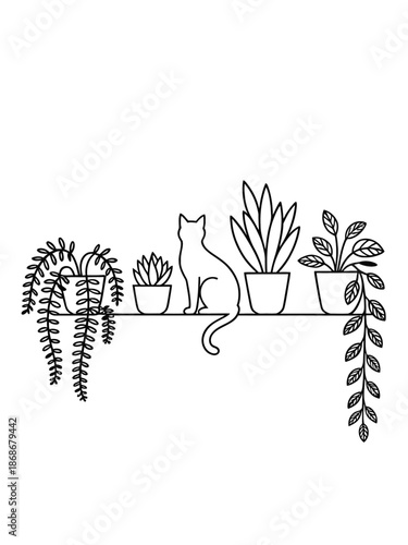 A simple line drawing featuring a cat sitting on a windowsill.