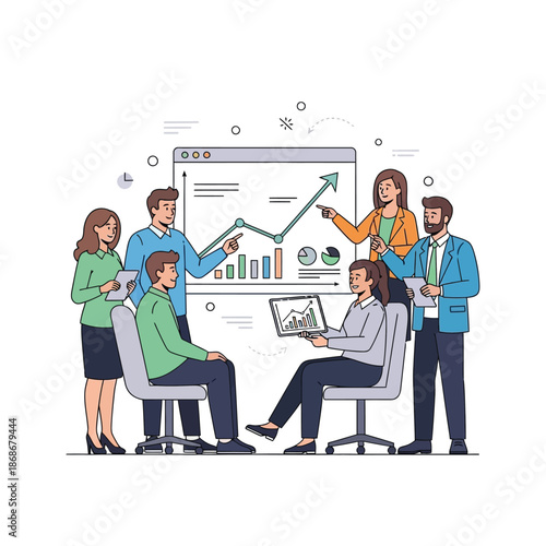 Business professionals analyzing financial data and discussing growth strategies together in a modern office environment from a slightly elevated viewpoint