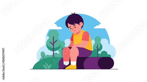 Flat vector illustration of a lonely child sitting alone, ideal for mental health awareness, emotional education, and behavior observation content