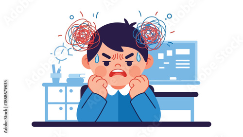 Modern flat illustration of a frustrated child with expressive gestures, ideal for emotional learning visuals, behavior guides, and parenting resources