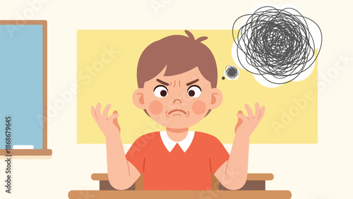 Modern flat illustration of a frustrated child with expressive gestures, ideal for emotional learning visuals, behavior guides, and parenting resources