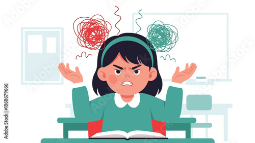Modern flat illustration of a frustrated child with expressive gestures, ideal for emotional learning visuals, behavior guides, and parenting resources