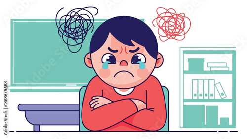 Modern flat illustration of a frustrated child with expressive gestures, ideal for emotional learning visuals, behavior guides, and parenting resources