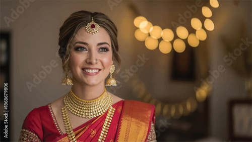 Smiling Indian woman in traditional red saree with gold jewelry