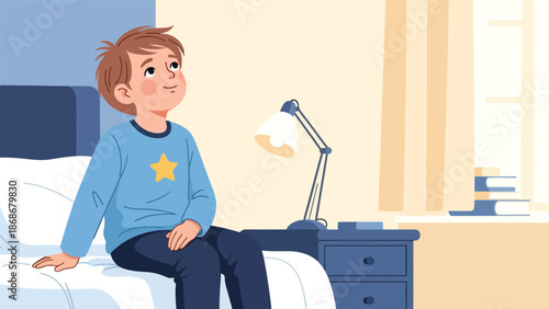 Flat vector depiction of a hopeful child looking upward, ideal for motivational materials, emotional growth visuals, and educational content