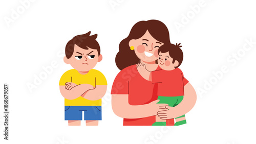 Modern flat illustration of a jealous child with crossed arms, ideal for emotional learning charts, behavior materials, and educational visuals