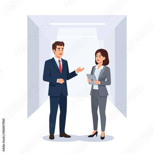 Two business professionals discussing documents in a modern office corridor