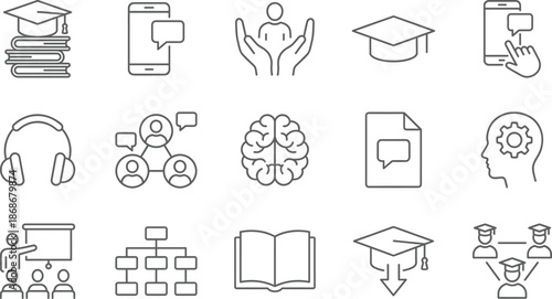 Education learning icons set showing online courses students communication knowledge teaching training graduation support vector illustration