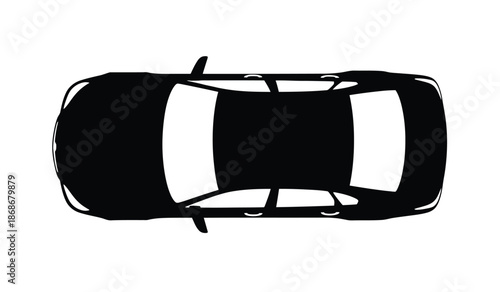 A minimalist black and white top down view depicts a modern vehicle s silhouette showcasing its roof windows and overall form