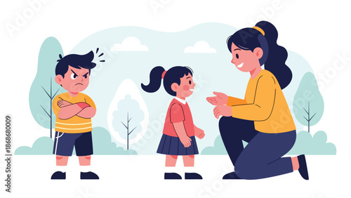 Modern flat illustration of a jealous child with crossed arms, ideal for emotional learning charts, behavior materials, and educational visuals