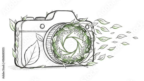 Vintage camera with leafy floral design and falling leaves
