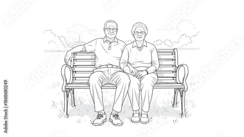 An elderly couple sits peacefully on a park bench, enjoying a tranquil moment together