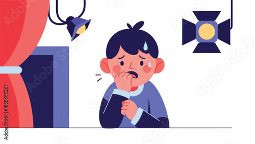 Modern flat illustration of a nervous child in backstage with subtle gestures, ideal for emotional education, mental health awareness, and parenting guides