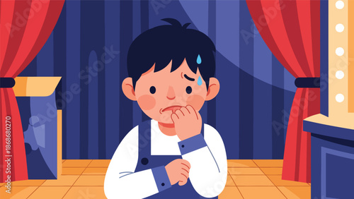 Modern flat illustration of a nervous child in backstage with subtle gestures, ideal for emotional education, mental health awareness, and parenting guides