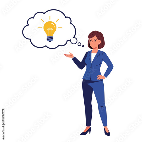 A businesswoman contemplating an idea represented by a lightbulb in a thought bubble